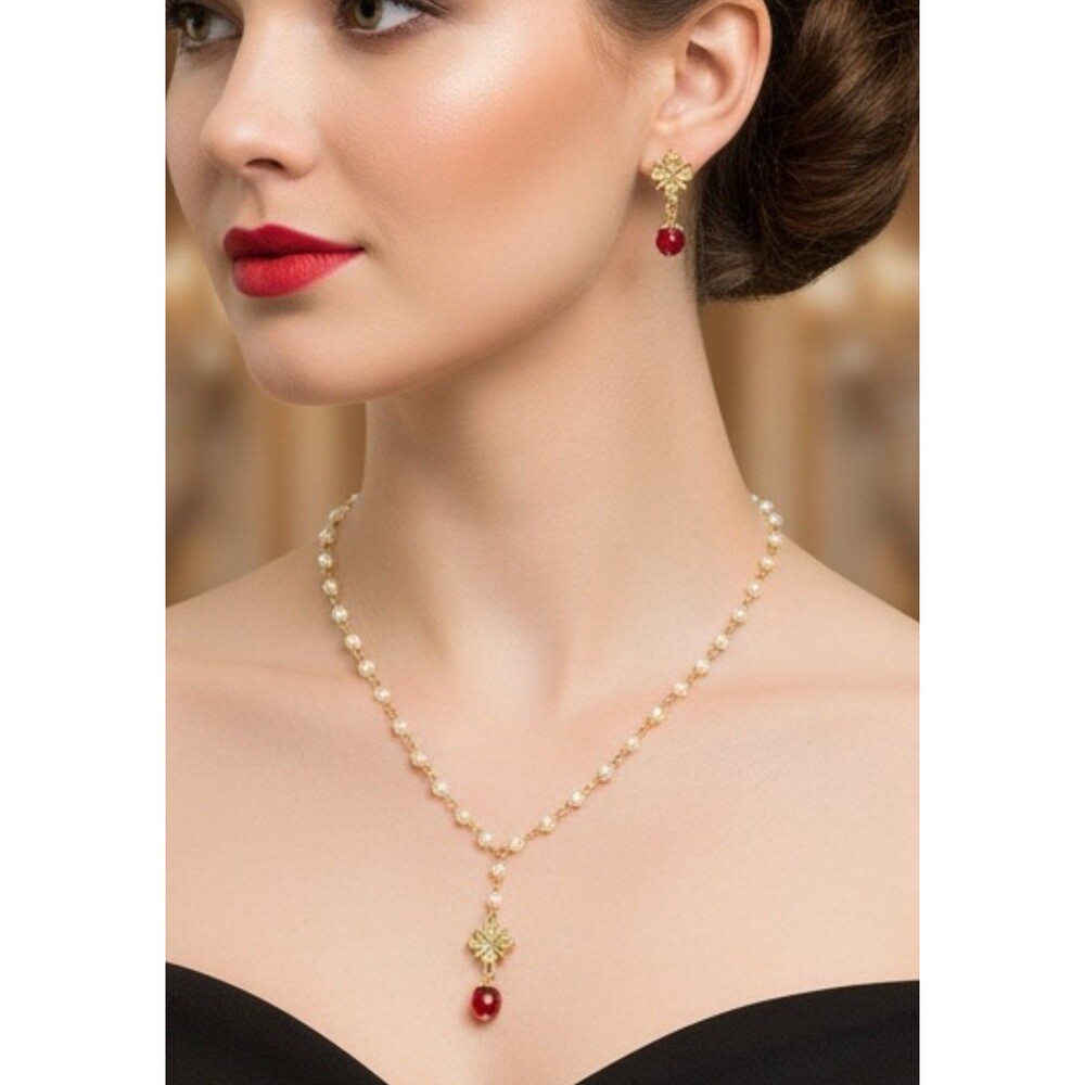 🔥💎 3 Piece VTG Jewelry Set Necklace And Earrings Faux Pearl Gold Tone W Red